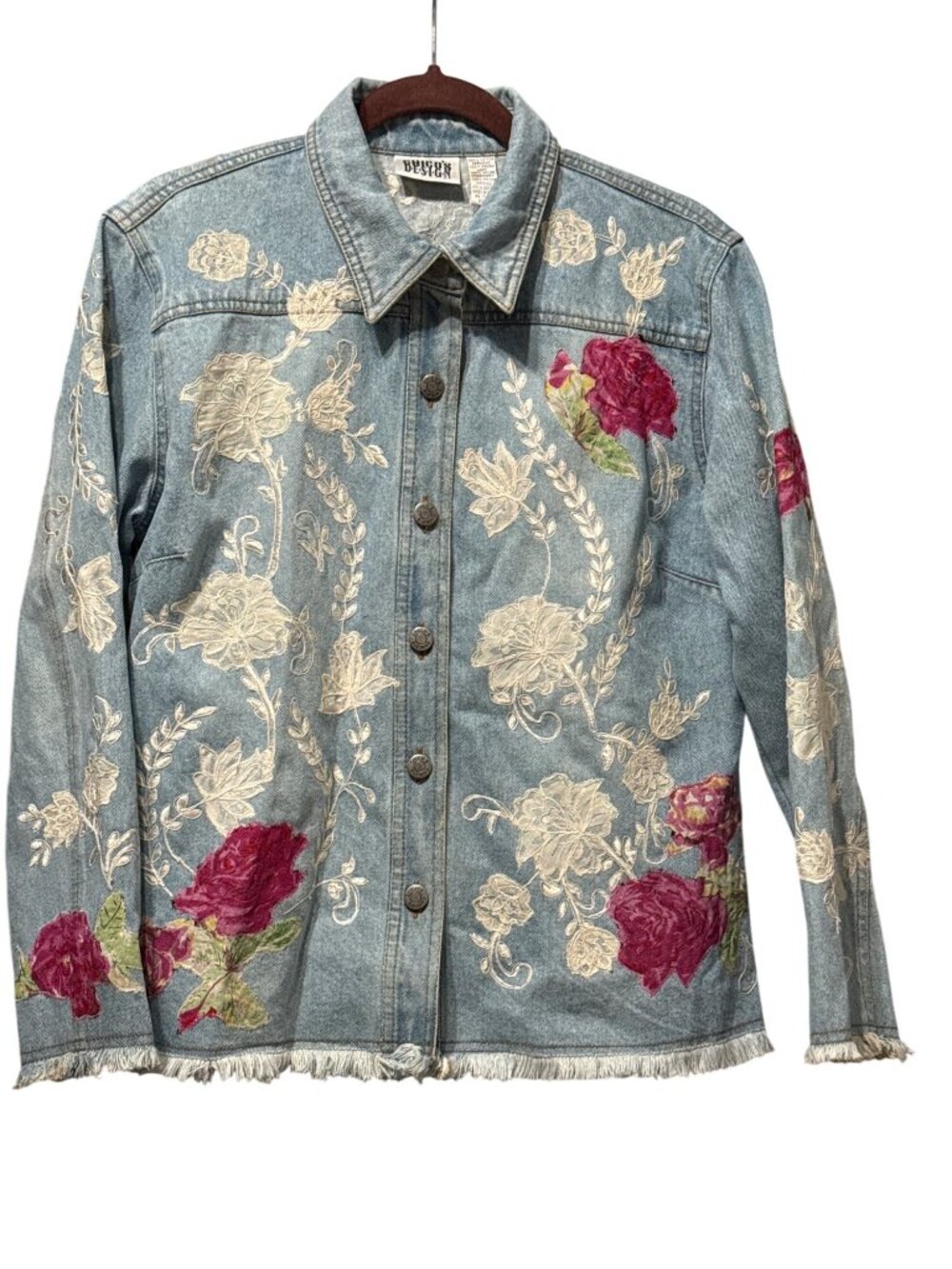 Chicos Design Floral Embroidered Denim Jacket Applique Lace Size 2 Button Front